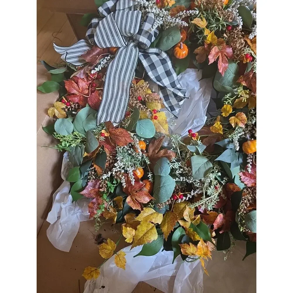 Handmade Autumn Fall Farmhouse Pumpkin Wreath Leaves Buffalo Plaid 26